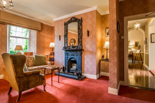 Seating area with red carpet and cushioned chairs in front of a black fireplace