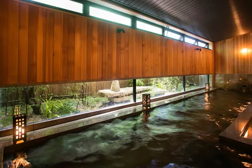 Large indoor onsen bath with large windows