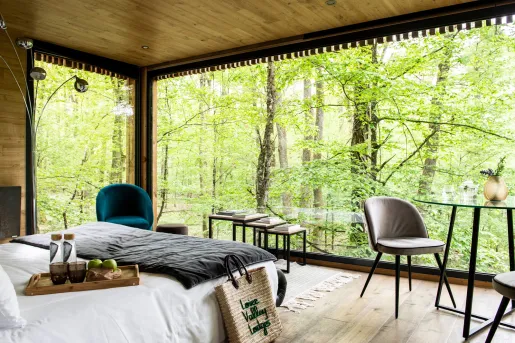 Bedroom with large windows looking our to a forest, with a wooden tray on top of the bed