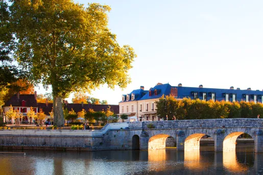 Large white and blue building with a stone bridge and river in front