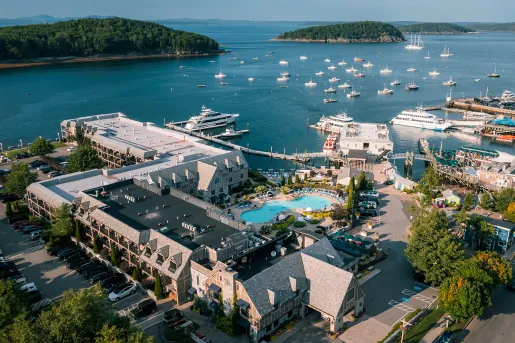 Hotel complex with an ocean and small islands in the distance