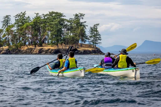 Two groups of people in white kayaks paddling in a lake