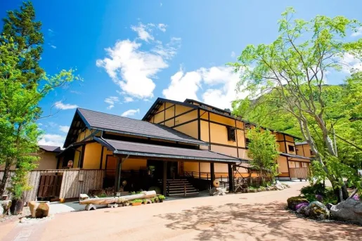 Exterior view of orange and black building, with large trees surrounding the building
