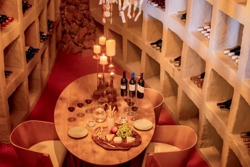 Wine cellar with a table and two chairs, and shelves full of wines surrounding