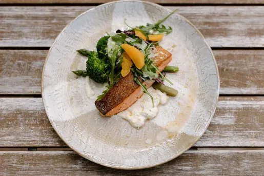 Plate with grilled fish and a salad