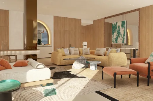 Room with wooden walls and white and brown cushioned sofas