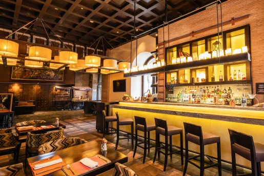 Bar and lounge with illuminated bar counters and large wooden stools