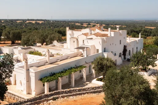 Exterior view of white, stone building complex surrounded by tall trees