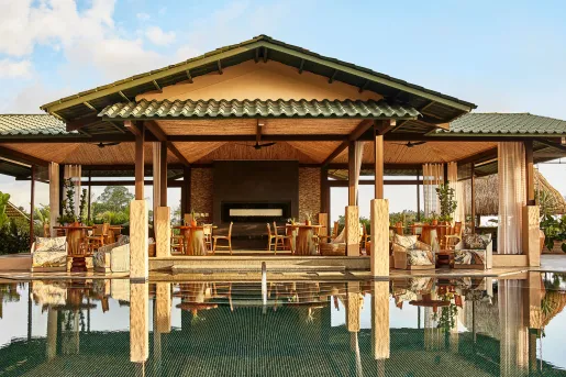 Reflecting pool next to covered dining area