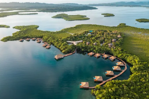 Aerial shot of docks along the coastline