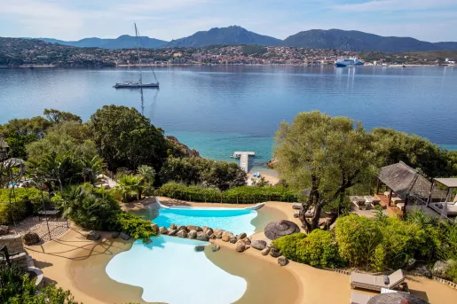 Two outdoor pools surrounded by tall trees, with views of a lake and distant town in front