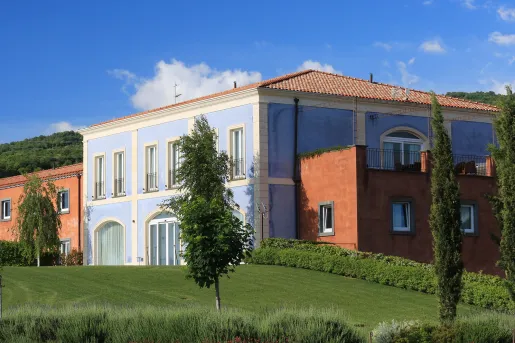 Exterior view of blue and orange buildings with a grass area in front