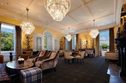 Lounge and seating area with brown, cushioned chairs and large light fixtures from the ceiling