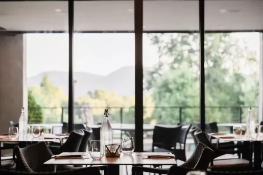 Hotel dining room with large windows