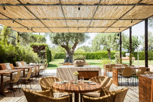 Outdoor patio with woven chairs and wooden tables under a straw gondola