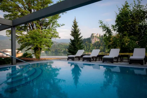 Outdoor pool with a view of the forest in the back