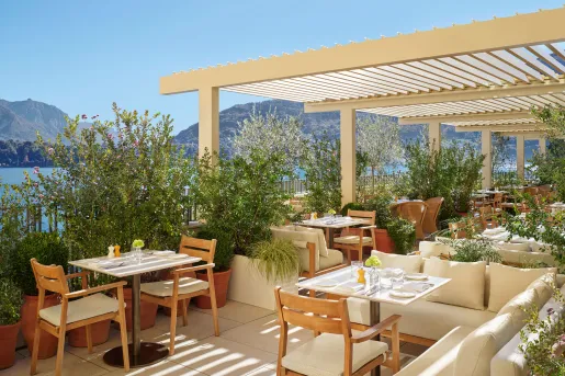 Outdoor patio with large bushes and dining tables