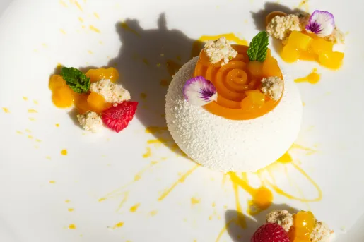 Plated dessert with a white ball and fruit decorations around
