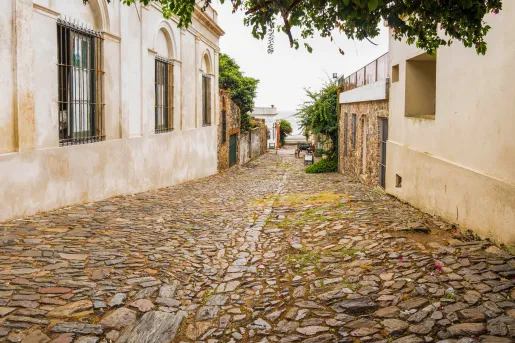 Alleyway with a stone pathway and stone buildings on either side