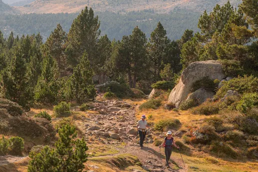 Two people descending a small hill towards a grassy valley