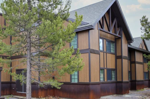 Exterior view of brown hotel building with a tree in front