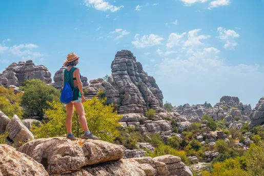 Woman standing on a large boulder, looking out towards a valley of large canyons