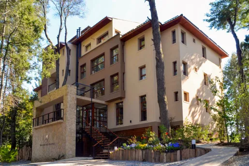 Exterior view of brown and beige hotel building, with tall trees in front