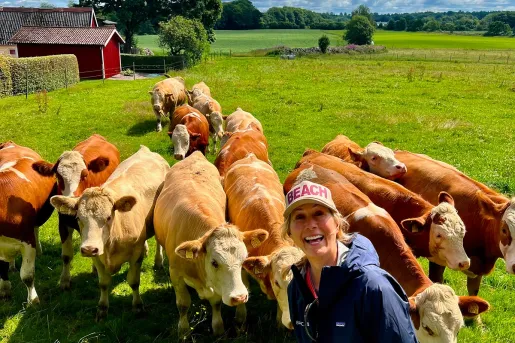 Woman smiling with a group of cows in a grassy field