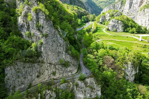 Secluded road along a tall, rocky mountain covered in trees and bushes