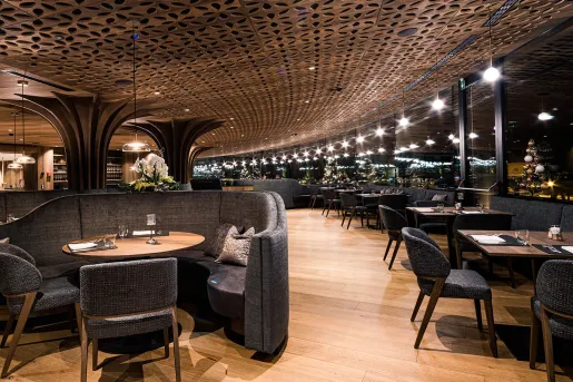 Dining hall with gray tables and chairs