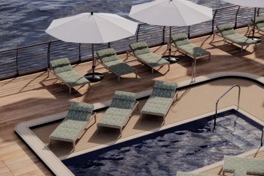 Sun deck aboard a luxury river cruise ship featuring a small pool, cushioned lounge chairs, white umbrellas, and river views from the surrounding deck.