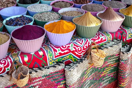 Bright, colored spices and herbs at Oriental Bazaar at Nubian Village, Aswan. Egypt. Africa. 