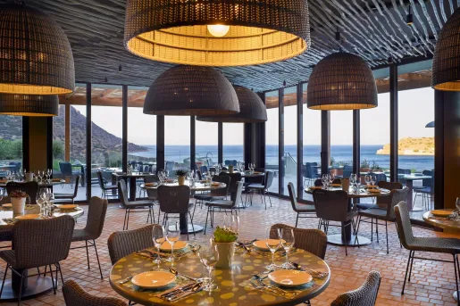 Restaraunt overlooking the mediterranean sea.