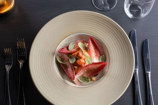 An elegant fine-dining dish featuring a vibrant arrangement of red endive leaves, fresh basil, and seasonal produce served in a white, circular ceramic bowl at the Black Sand Hotel in Ölfus, Iceland.