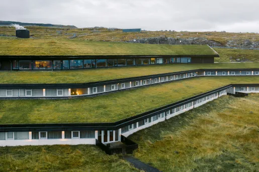 Exterior view of grass roofing over long, hotel buildings