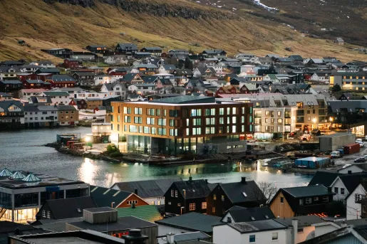 The KG Hotel located on the harbor in Klaksvík, Faroe Islands.
