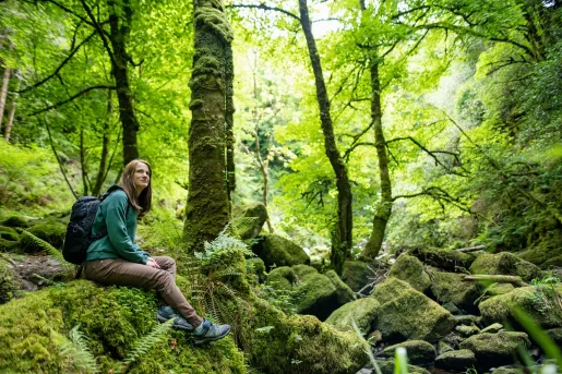 Woman sitting on a moss-covered boulder in a forest