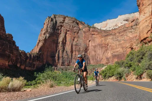 Two cyclists ride along a scenic road at the base of massive red sandstone cliffs in Zion National Park, with dramatic canyon walls rising above green vegetation and the winding roadway.