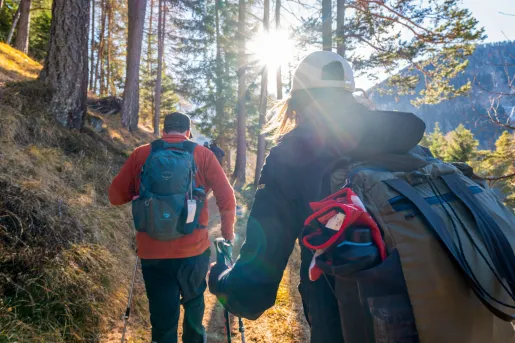 Man and woman hiking on a trail with tall trees and sunlight in the distance