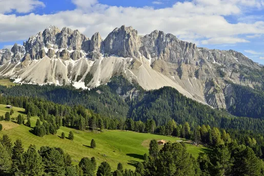 Large mountains with a grassy valley and forest on the ground level