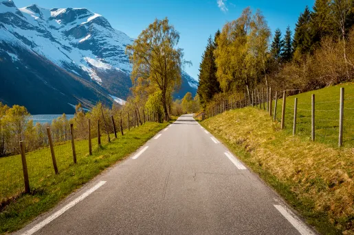 Empty road with a field to the right and snowy mountains to the left