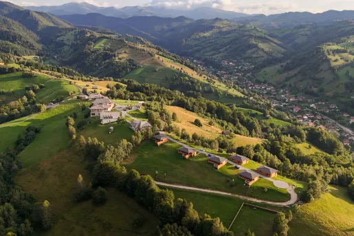 Sky view of a large, grassy valley with tall mountains in the distance