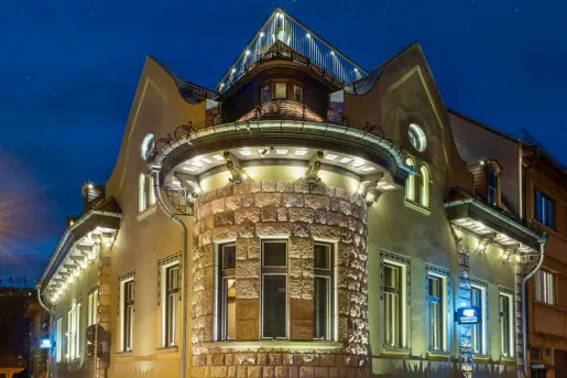 Exterior view of stone, castle-like building