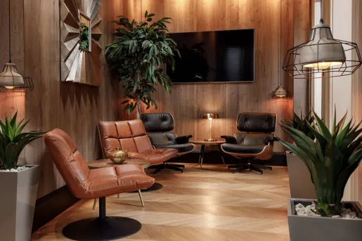 Lounge and sitting area with wooden floor and walls