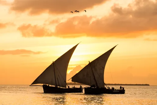 Two boats in the ocean with the sunset in the background