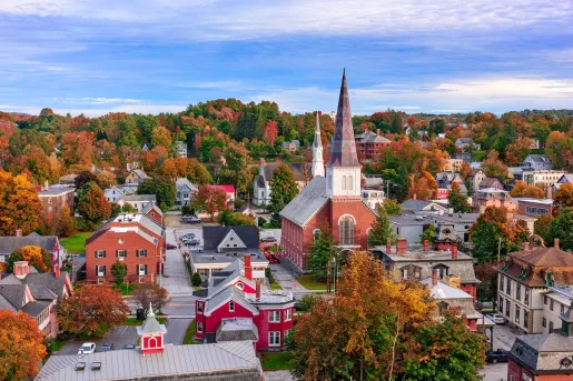 A scenic autumn aerial photo of downtown Montpelier, Vermont