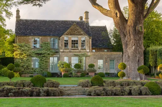 The exterior of the Thyme hotel, a rural estate located in Southrop, Gloucestershire, in the Cotswolds, England.