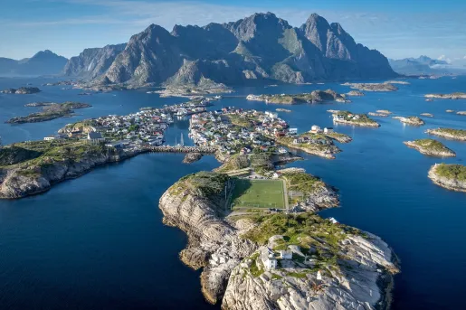 Aerial view of the picturesque fishing village of Henningsvær in the Lofoten Islands of Norway.