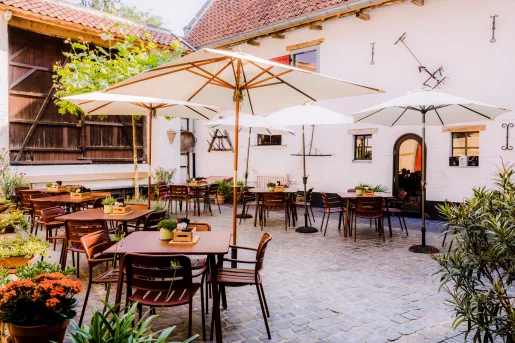 Outdoor patio with wooden chairs and tables, and large white umbrellas
