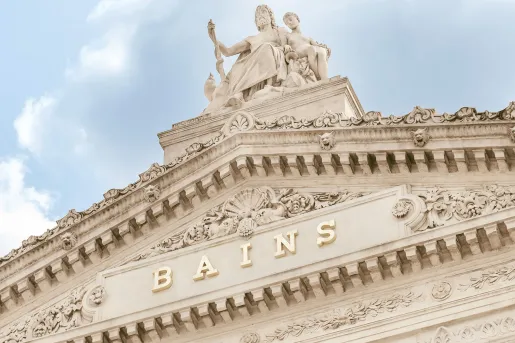 Exterior view of stone sculpture on top of a building